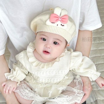 🍭秋冬新品🍭嬰兒帽子春秋季兒童貝雷帽可愛兔子寶寶畫家帽秋冬女童毛線防風帽 寶寶帽子 寶寶毛帽 嬰兒毛帽 兒童毛帽 毛帽