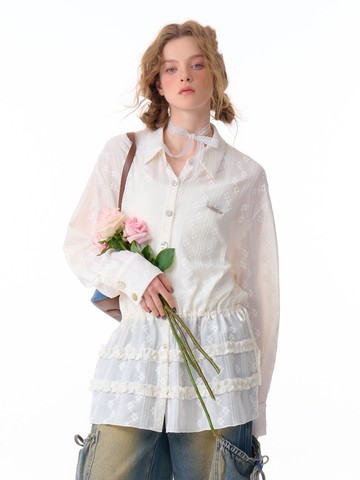 ziziFei春秋季設計感美式收腰花邊長袖上衣中長款半透白色襯衫女