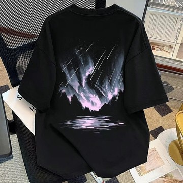 【臺灣出貨】國潮美學高街潮流時尚基礎簡約創意背面極光流星印花短袖T恤半袖短袖上衣休閒短袖