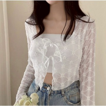 【太妮絲S561】現貨 韓系 透透罩衫 小外套 chic 夏季罩衫 氣質 復古 百搭 甜美 圓領 綁帶 花朵罩衫