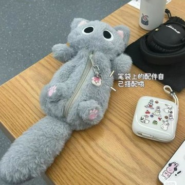 灰色大容量桌面小貓毛茸茸ins風學生筆袋筆袋可愛文具日系高顏值