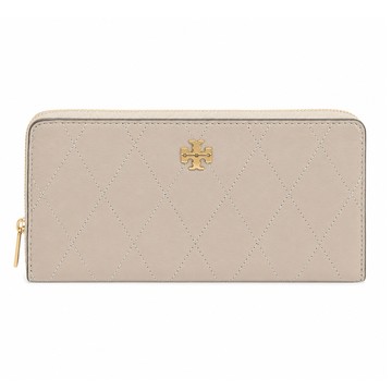 TORY BURCH CHARLIE 荔枝紋皮革絎縫拉鍊長夾(柔霧米灰)