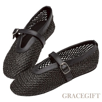 【Grace Gift】法式時髦簍空編織瑪莉珍平底鞋 黑