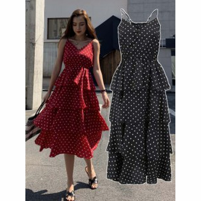 水玉ロングワンピース ２色 ワインレッド ブラック ドット柄 ティアードドレス 段フレアー キャミワンピ サマードレス おしゃれ 可愛い 通販 Lineポイント最大1 0 Get Lineショッピング