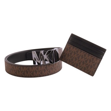 MICHAEL KORS 滿版LOGO 細版皮帶+卡夾禮盒組(深咖)