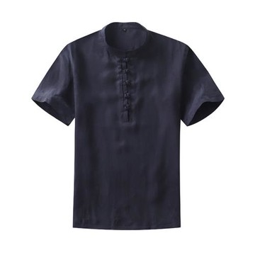 夏季薄款男中式銅氨絲短袖T恤衫中國風立領寬松大碼休閑真絲T恤男