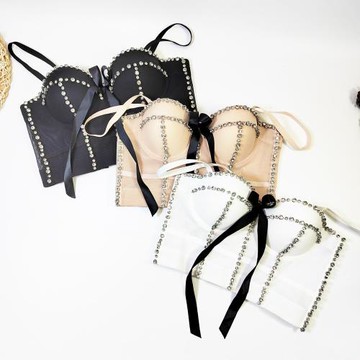 蝴蝶結鑲鉆塑身辣妹抹胸法式設計感小眾夜店上衣潮女釘珠魚骨胸衣