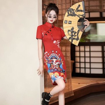 改良旗袍少女年輕款京劇臉譜高考送考小個子短款日常新中式連衣裙