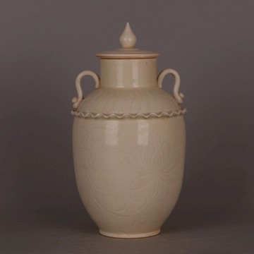 宋 定窯刻花荷葉邊雙耳蓋罐 仿出土舊貨瓷器 五大名窯 裝飾收藏品