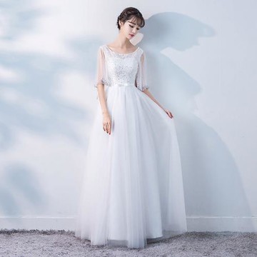 白色晚禮服優雅長款2024新款年會學生畢業演出連衣裙高級感顯瘦女