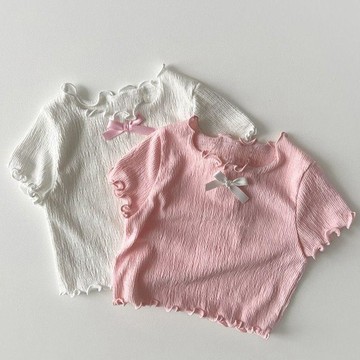 Mini baby🌷女童時尚韓版上衣夏季寶寶蝴蝶結短袖T恤兒童純色紋理