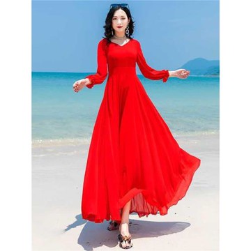 雙層大擺跳舞長裙顯瘦長袖大碼雪紡連衣裙中長款過膝裙子女沙灘裙