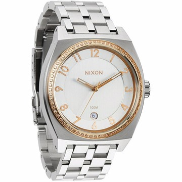 NIXON MONOPOLY 輕巧晶鑽都會日期腕錶-銀x玫瑰金