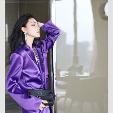 高級感醋酸緞面紫色西裝外套女英倫風寬松小個子休閑垂感西服洋裝