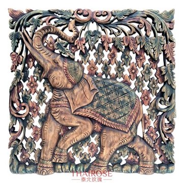 泰國柚木雕花板 60cm正方形 大象植物花卉 紅綠懷舊復古色 1入