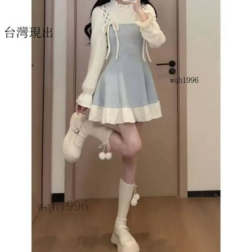 免運熱銷✨小個子甜美短裙秋冬收腰顯瘦小衆設計感撞色拚接假兩件套連衣裙女✨13