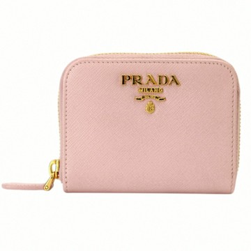 PRADA Saffiano金屬標誌防刮皮革拉鍊零錢包(淺粉)
