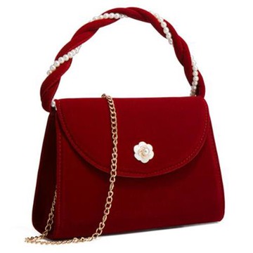 【Sp house】新娘物語絨面珍珠單肩斜背手拿女用鍊條包(酒紅色)