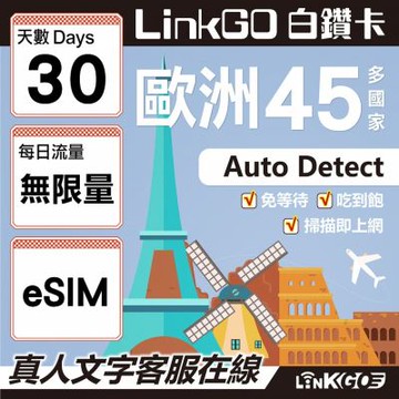 LINKGO白鑽卡 歐洲45國 eSIM卡 30天上網卡 無限流量吃到飽不降速 (歐洲網卡 西班牙 德國 奧地利 英國)