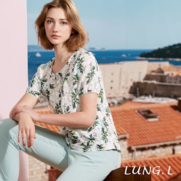 LUNG.L林佳樺 白色提花布搭配葉片印花棉質短袖女裝上衣LS58A