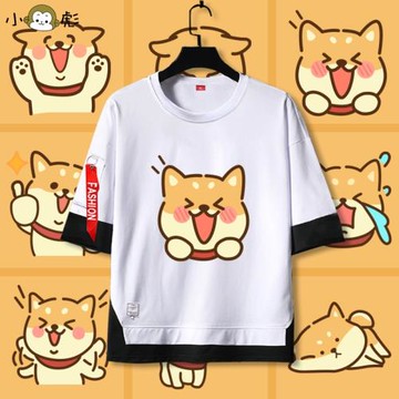 日系ins手繪柴犬表情包柯基柴犬假兩件短袖t恤衫男女兒童裝五分袖