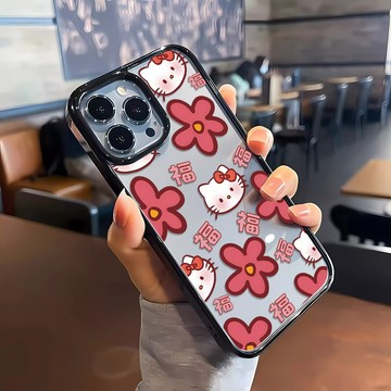 福氣花朵kitty 不發黃手機殼iPhone16 蘋果i15 14 13 12 11Plus iX保護殼 亞克力防摔殼