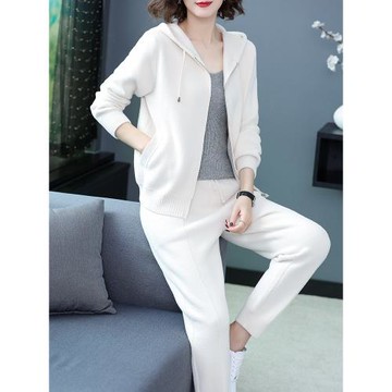 針織套裝女雙面羊絨時尚拉鏈開衫小腳褲子2025春秋新款時尚兩件套