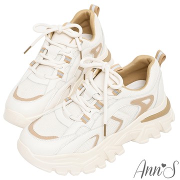 Ann’S魔術第四代-奶茶幾何拼接反光邊全真皮輕量老爹鞋-5cm
