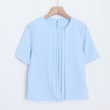 E01034日單夏新款后紐扣百褶圓領套頭微寬松女簡潔通勤短袖襯衫
