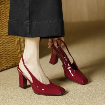 現貨通勤瑪麗珍方頭粗跟高跟單鞋后空包頭涼鞋女甜美風2025新款