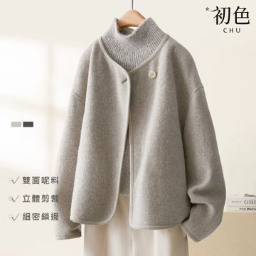 初色 簡約休閒寬鬆修身拼接毛呢高領長袖開衫外套女外套-共2色-16314(M-2XL可選)