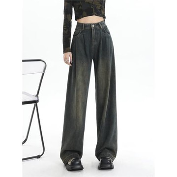 復古做舊水泥灰闊腿牛仔褲女高腰寬松顯瘦褶皺設計感直筒拖地褲子