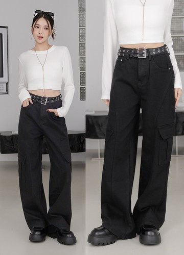 黑色口袋寬褲+洞洞皮帶