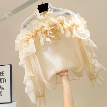 2023春季新款優雅立體玫瑰花氣質立領木耳邊長袖純色后拉鏈襯衫