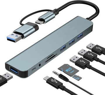 易控王 USB八合一集線器 USBA+C 外接電源 USBA3.0+2.0+C+3.5+TFSD(40-742-07X2)