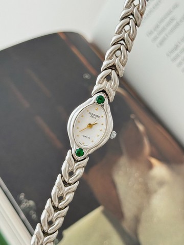 復古 Sunlord lemir 銀色手鍊錶 鑲綠色寶石
