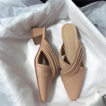 森嶼海巷 夏季新款真皮粗高跟韓版簡約文藝復古一腳蹬包頭拖鞋女