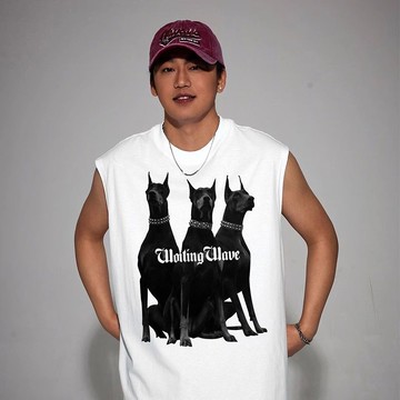 無袖 背心 杜賓犬重磅印花個性夏季潮牌新款男女純棉無袖坎肩背心寬鬆美式男背心 上衣 運動背心 透氣 休閒 健身背心