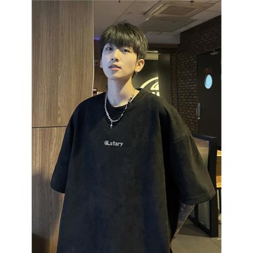 仿麂皮t恤男短袖夏季新款美式高街重磅青少年寬松休閑半袖體恤衫