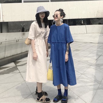 夏季復古純色短袖連衣裙女學生氣質系帶收腰長裙超仙女裙子1入