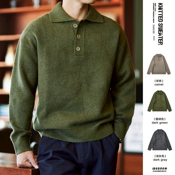 570g重磅翻領半開襟素色毛衣男2025秋冬新款寬鬆保暖慵懶感針織衫