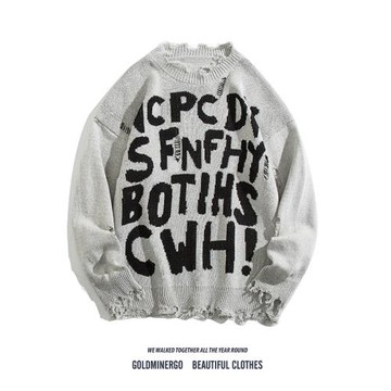 破洞毛邊圓領毛衣男女潮牌高街字母印花針織衫寬松帥氣休閑毛線衣