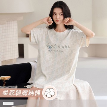連身睡裙【純棉】晚安兔兔 印花圓領條紋短袖外穿短袖睡衣 居家服 55365