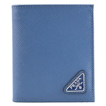PRADA 2MO004 三角LOGO防刮皮革對開短夾.天藍色