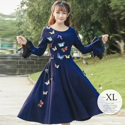 ワンピース フレアワンピ バタフライ 刺繍 レース ベルスリーブ ラウンドネック ガーリー ラブリー パーティー ネイビー ブルー お出かけ 通販 Lineポイント最大get Lineショッピング