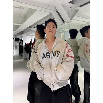 Grailz Project gr重磅假兩件拼接做舊破壞臟染帽衫衛衣開衫外套