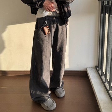 秋冬季潮流百搭拼接水洗牛仔褲男日系直筒闊腿休閒褲男