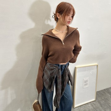 半拉鍊翻領素色毛衣-咖【KT224757】