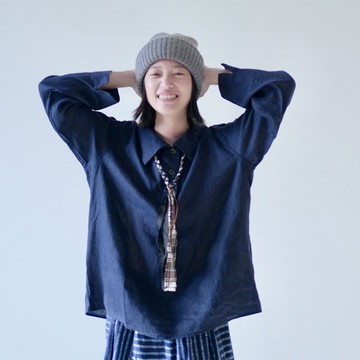 復古日系可愛領亞麻襯衫 / 藏藍色寬鬆舒適款 / 文藝百搭長袖上衣