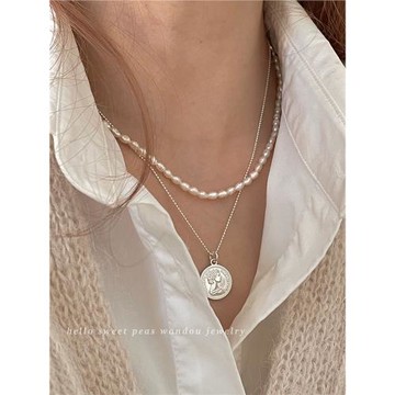 【豌豆】925純銀小眾設計女王人像金幣吊墜項鏈切面珠鏈條鎖骨鏈